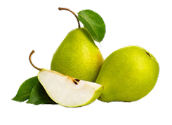 Deux poires entières et un quart de poire, avec feuilles